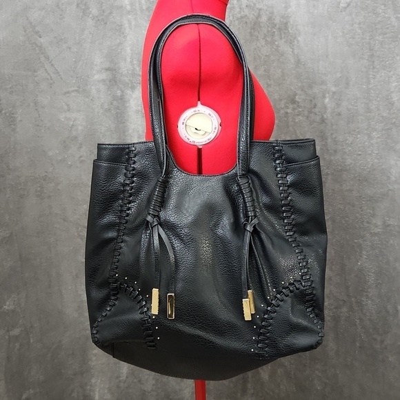 unbranded Handbags - Black Faux Leather Whipstitch Tote Bag Oversized Shoulder Handbag Tassel